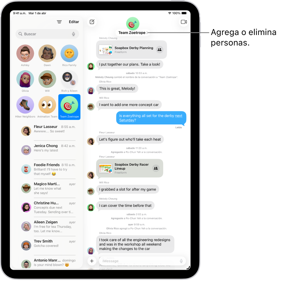 Una conversación grupal en Mensajes en el iPad. A la izquierda, se selecciona una conversación destacada en una lista de conversaciones. A la derecha, hay una transcripción de la conversación que incluye archivos compartidos.
