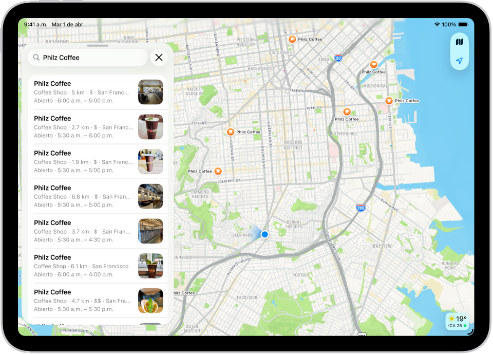 La app Mapas con un mapa de un área. En la parte superior izquierda está campo de búsqueda y, debajo, los resultados de una consulta.