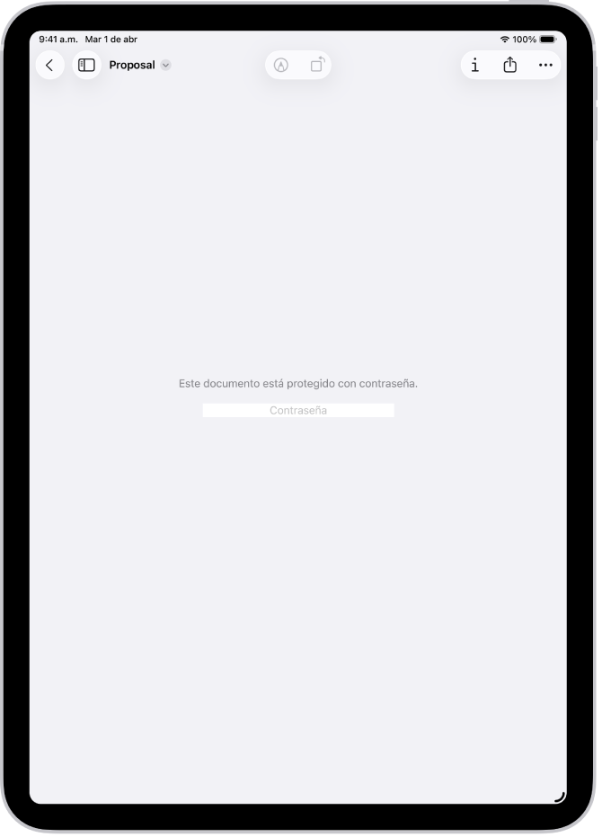 Un formulario PDF bloqueado en la app Vista Previa que muestra un campo de contraseña. En la parte inferior de la pantalla se encuentran los botones Marcado, Información y Compartir.