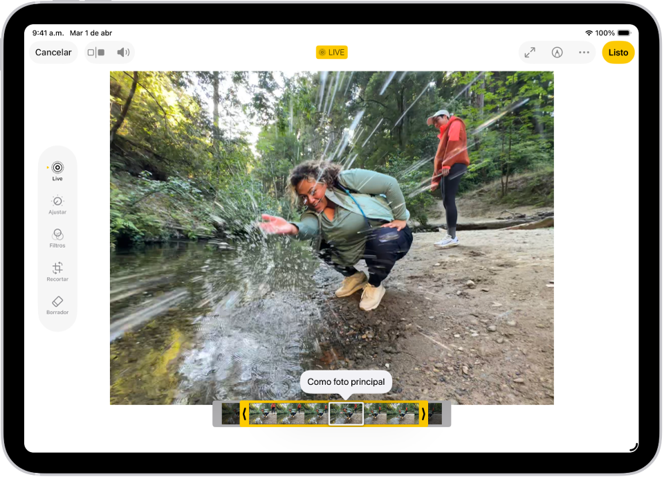 Una Live Photo en el centro de la pantalla de edición en la app Fotos. El visor de fotogramas aparece a lo largo de la parte inferior del video y hay un contorno amarillo alrededor de los fotogramas seleccionados para incluirlos en la Live Photo editada; se selecciona un solo fotograma clave para convertirlo en la foto principal. Las herramientas de edición se encuentran en la parte izquierda de la pantalla, de arriba a abajo: Live Photo, Ajustar, Filtros y Recortar. Está seleccionada la opción Live Photo.