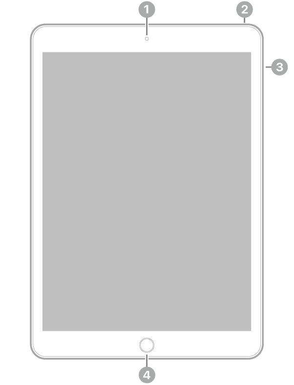 Vista frontal del iPad, con textos sobre la cámara frontal en la parte superior central, el botón superior arriba a la derecha, los botones de volumen a la derecha y el botón de inicio/Touch ID en la parte inferior central.