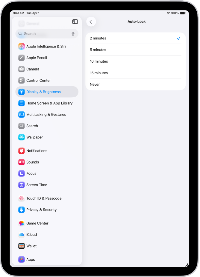 La pantalla “Bloqueo automático”, con ajustes para el tiempo que transcurre hasta que el iPad se bloquea automáticamente.