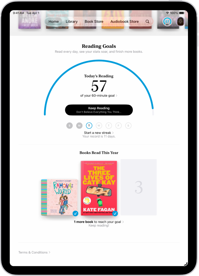 Pantalla “Objetivos de lectura” con las estadísticas del usuario: la lectura de hoy, registro de lectura de la semana y libros leídos este año.