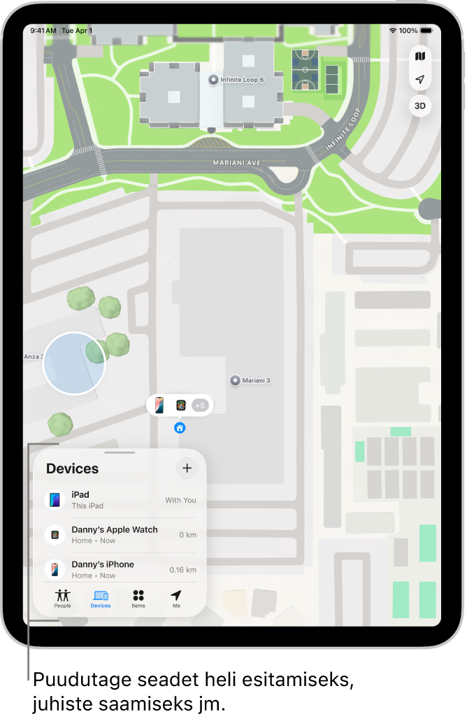 Kuvas Find My on avatud loend Devices. Loetletud seadmete hulgas on Danny’s iPad, Danny’s iPhone, Danny’s Apple Watch ja Danny’s AirPods Pro. Nende asukohti kuvatakse Santa Cruzi kaardil.