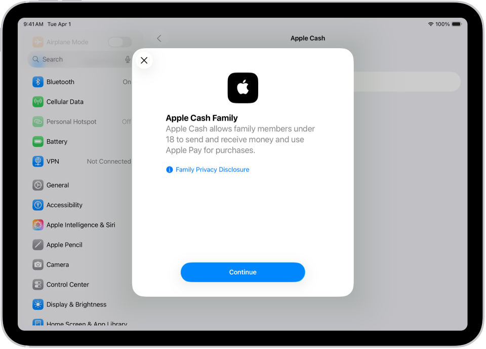 Kuva Settings, kus ekraani keskel on Apple Cash Family seadistamise dialoogaken.