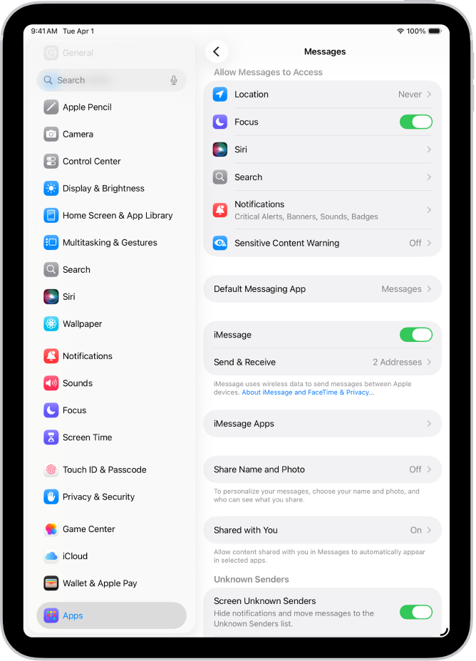 Rakenduse Messages seadete paan, kus iMessage on lülitatud sisse.