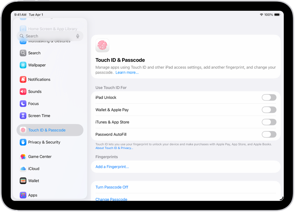 Ekraanil kuvatakse Touch ID & Passcode’i seadeid koos valikuga sõrmejälje lisamiseks ning pääsukoodi sisselülitamiseks.