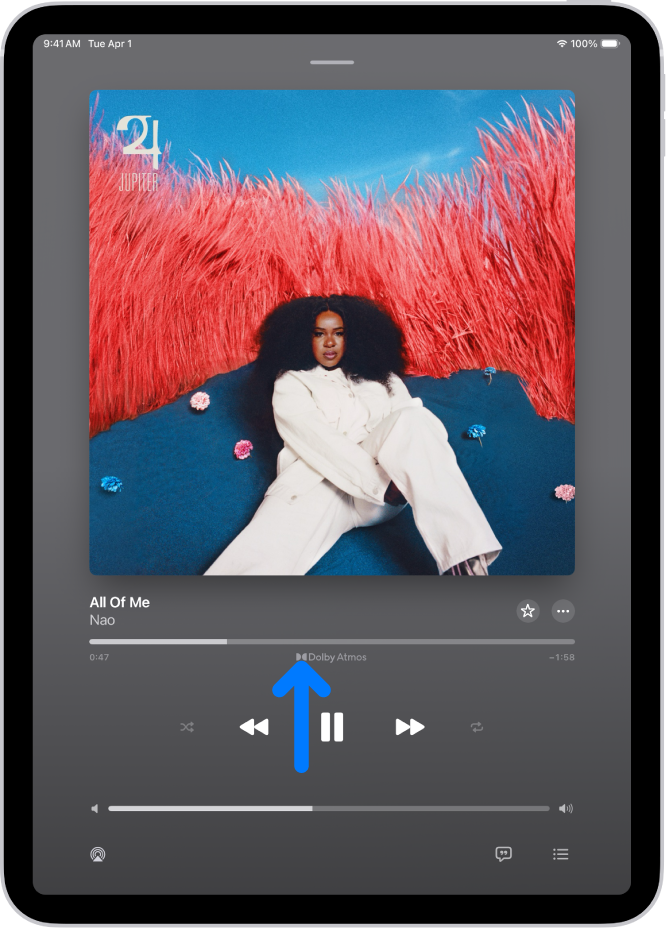 Now Playing kuvas on esitatava loo juures ikoon Dolby Atmos.