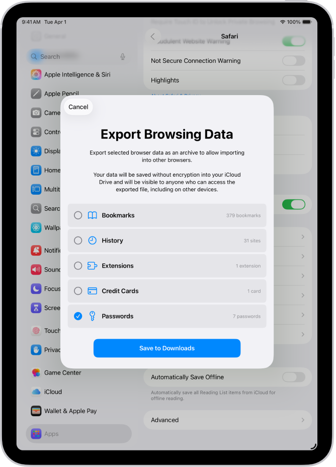 Kuva Export Browsing Data, kus on tehtud valik Passwords paroolide eksportimiseks teise paroolihaldurisse.