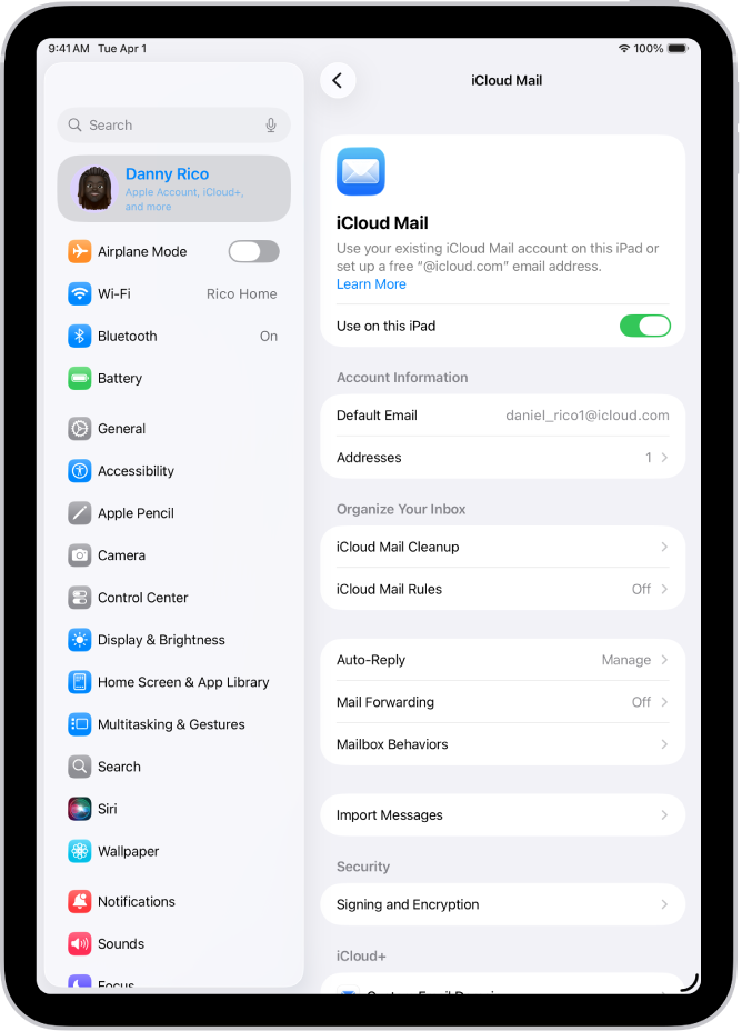Rakenduses Settings on avatud kuva iCloud Mail. Menüü allosas on valik Custom Email Domain.