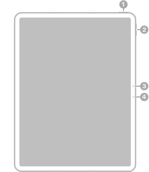 iPad Airi eestvaade väljaviikudega ülanupule ja Touch ID-le üleval paremal, helitugevuse nuppudele paremal üleval ning eesmisele kaamerale keskel paremal ning mikrofonile paremal.