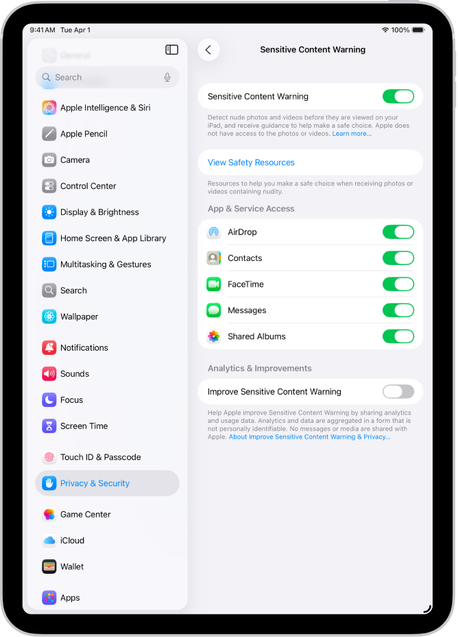 Funktsiooni Sensitive Content Warning seaded, kus on nupp kirjaga “View Safety Resources” ning nupp kirjaga “Improve Sensitive Content Warning” statistika ja kasutusandmete jagamiseks Apple’iga.