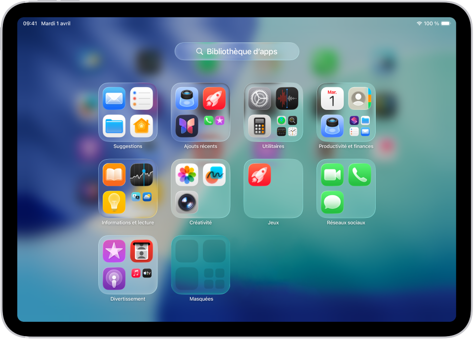 La bibliothèque d’apps sur l’iPad montrant les apps organisées par catégorie (Divertissement, « Productivité et finances », etc.).