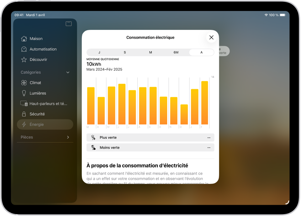 Illustration : Une vue de l’app Maison avec l’utilisation énergétique.