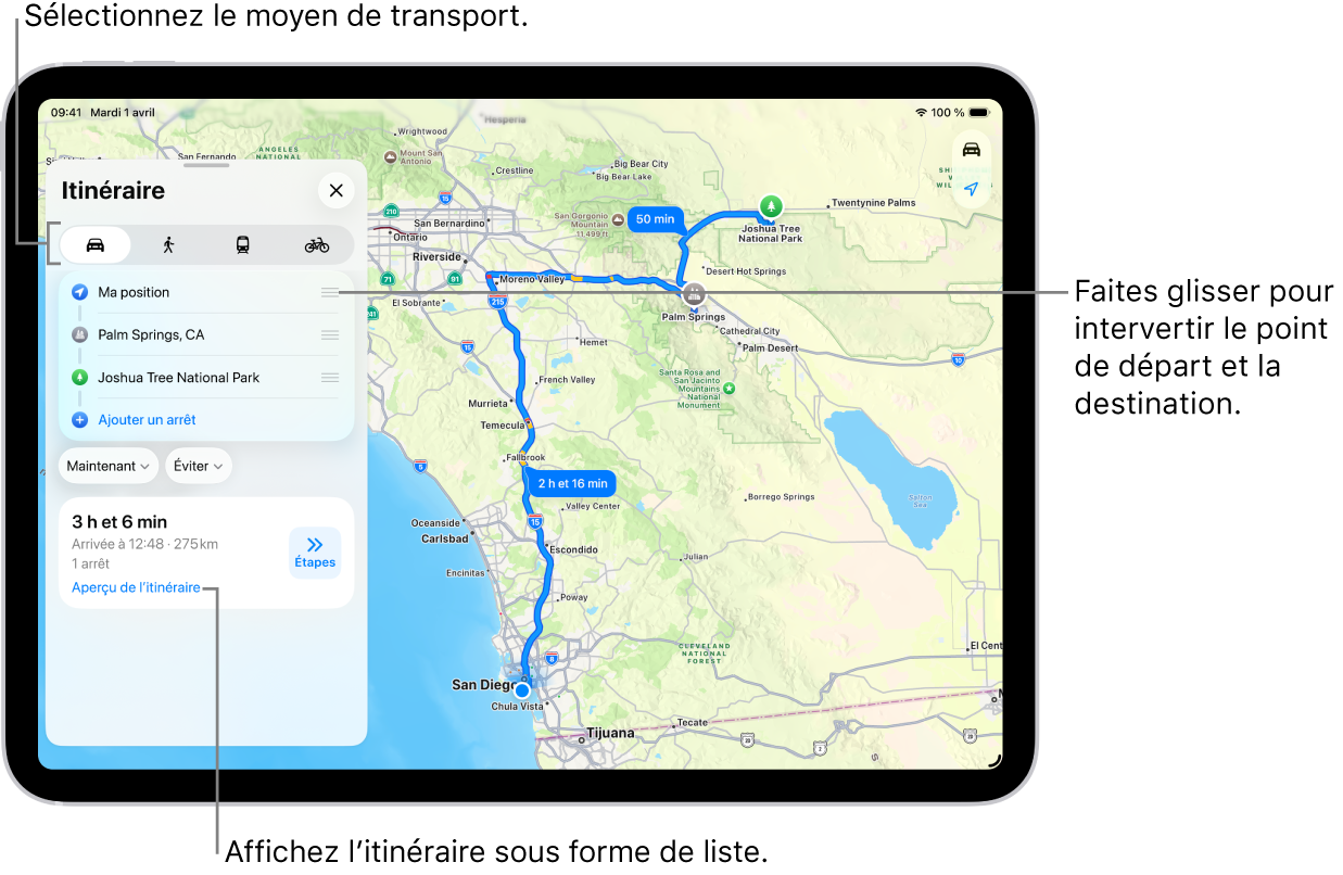 Un plan avec plusieurs itinéraires possibles en voiture entre « Ma position » et une destination.