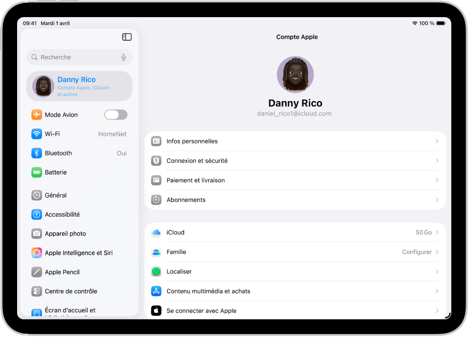Les réglages « Compte Apple » affichés, avec une liste d’options comprenant des informations personnelles, des abonnements, Localiser, et plus encore.