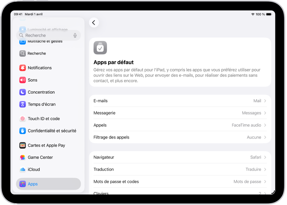 L’écran permettant de modifier vos apps par défaut pour envoyer des e-mails, naviguer sur le Web, et plus encore.