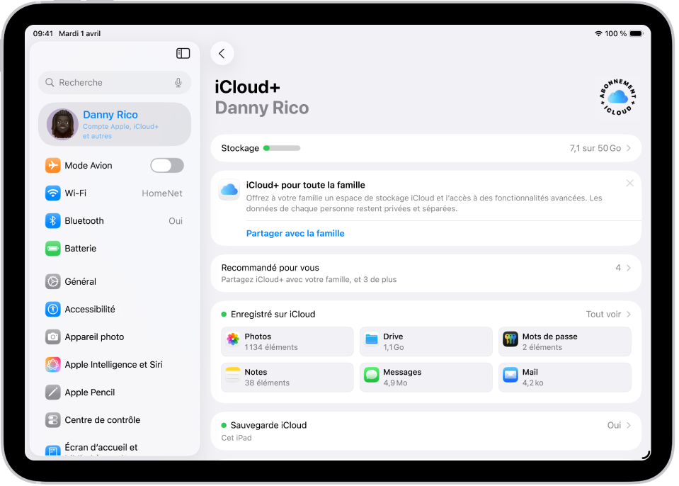 Écran des réglages iCloud montrant l’indicateur d’espace de stockage et une liste de fonctionnalités pouvant être utilisées avec iCloud, notamment Photos, iCloud Drive et Sauvegarde iCloud.