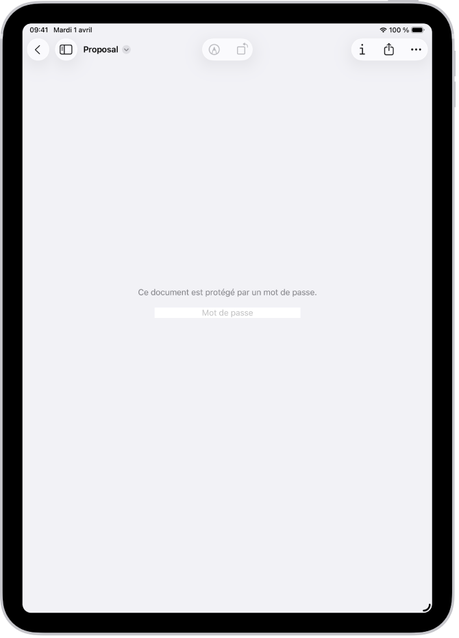 Un formulaire PDF verrouillé dans l’app Aperçu, affichant un champ de mot de passe. En bas de l’écran se trouvent les boutons Annoter, Infos et Partager.