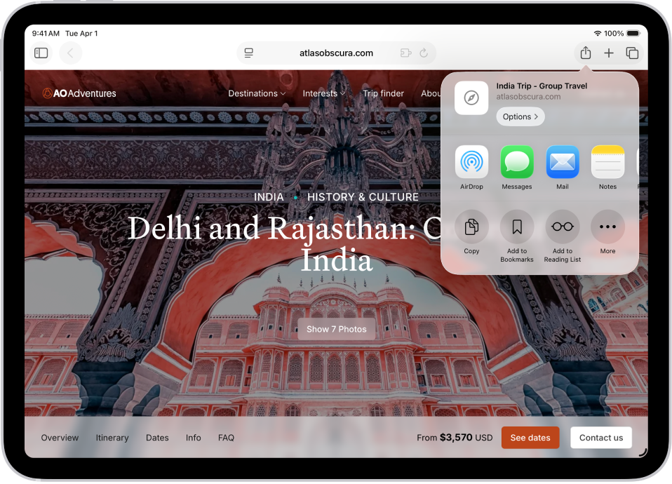 ખુલ્લું વેબપેજ. AirDrop, મેસેજ, Mail, નોટ્સ, કૉપિ, બુકમાર્કમાં ઉમેરો, વાંચન યાદીમાં ઉમેરો વગેરેના વિકલ્પ દર્શાવતા “શેર કરો” બટનને ટૅપ કરવામાં આવ્યું છે.