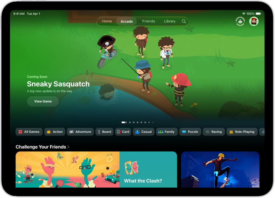 Apple Games ऐप जो Arcade टैब दिखा रहा है। स्क्रीन पर आगामी गेम के लिए प्रमोशनल आर्ट फ़ीचर किया जाता है। टैब बार में Arcade टैब चुना गया है।