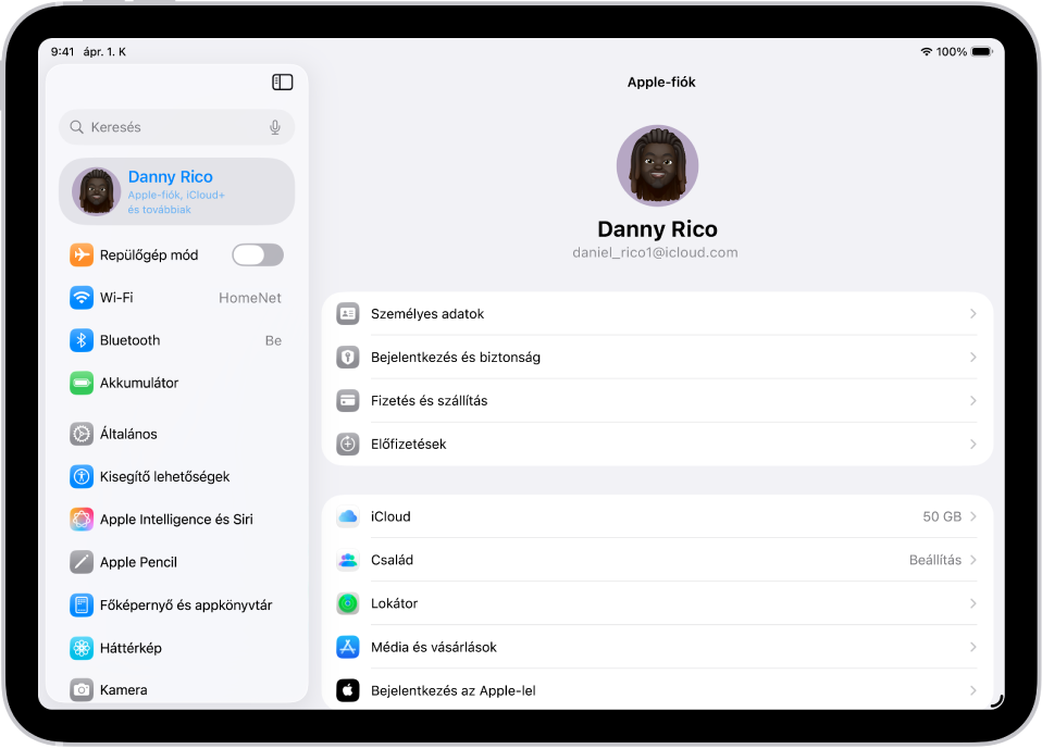 Az Apple-fiók beállításai láthatók az alábbi elemeket is tartalmazó beállításlistával: személyes adatok, előfizetések, Lokátor stb.