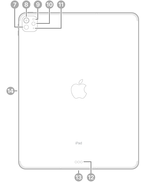 Az iPad Pro hátulnézete, amelyen a feliratok a bal felső részen lévő LiDAR-szkennerre, hátoldali kamerára, hátsó környezetifény-érzékelőre, vakura és mikrofonra, az eszköz aljának közepén lévő Smart Connectorra és USB-C-csatlakozóra, valamint az Apple Pencil bal oldalon lévő mágneses csatlakozójára mutatnak.