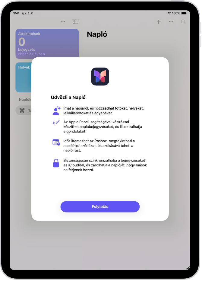 A Napló app üdvözlő képernyője.