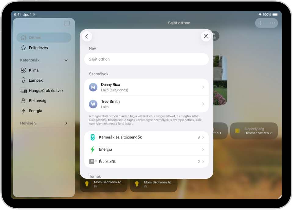 Grafikus terv: Az Otthon app nézete több különböző lakóval.