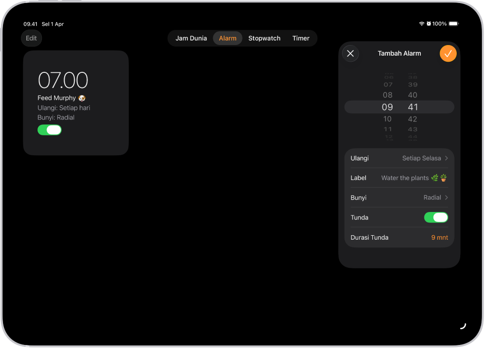 Tab Alarm di app Jam, dengan pengaturan untuk mengubah waktu alarm, memilih apakah alarm diulang, menambahkan label alarm, memilih bunyi alarm, menyalakan tunda, dan mengubah durasi penundaan.