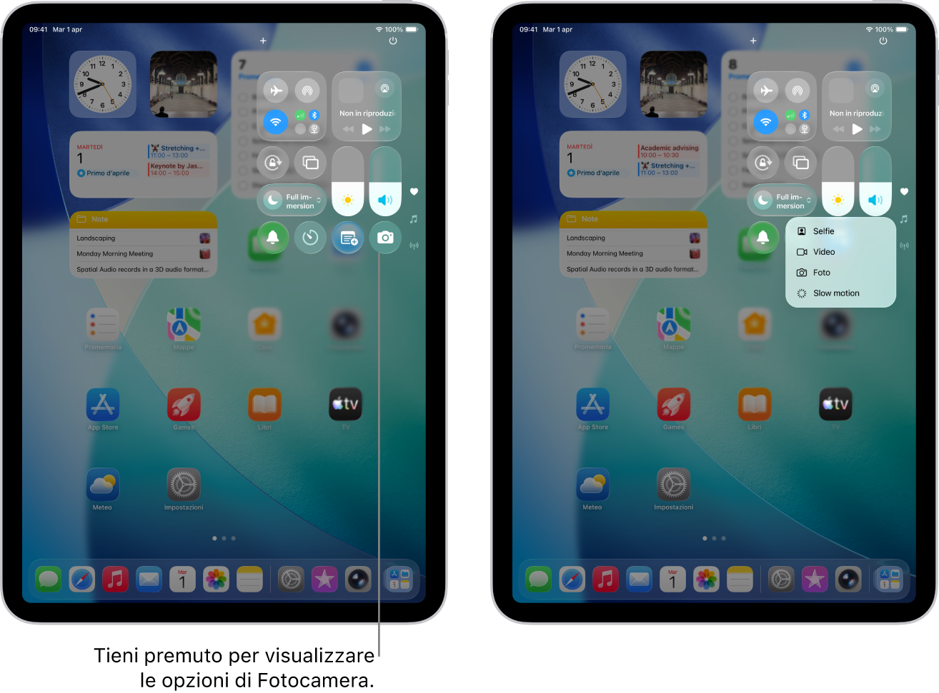 Centro di Controllo di iPad. I controlli per la modalità Aereo, i dati cellulare,il Wi-Fi e il Bluetooth nel gruppo in alto a sinistra in Centro di Controllo per i modelli di iPad Wi-Fi + Cellular. Il controllo Fotocamera è disponibile in basso, a destra di Centro di Controllo. La schermata a destra mostra il menu rapido delle opzioni che vengono visualizzate quando tieni premuto il controllo Fotocamera.