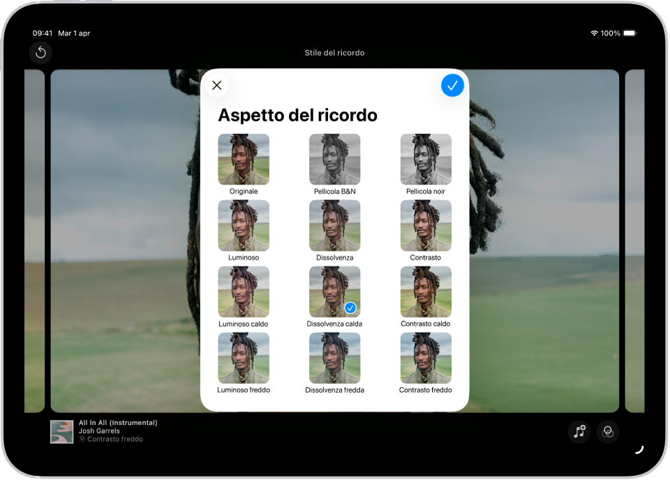Il filmato di un ricordo e al centro dello schermo sono visualizzate le opzioni per applicare uno stile al ricordo.