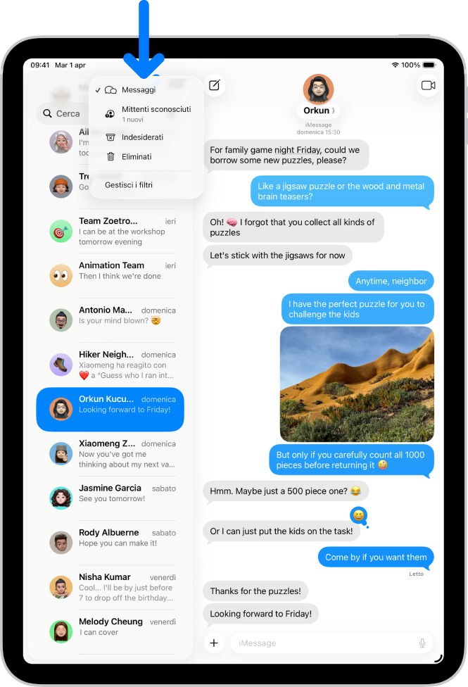 Una elenco di conversazioni in Messaggi. Sono visibili tutti i messaggi perché non è stato selezionato alcun filtro nel relativo menu.