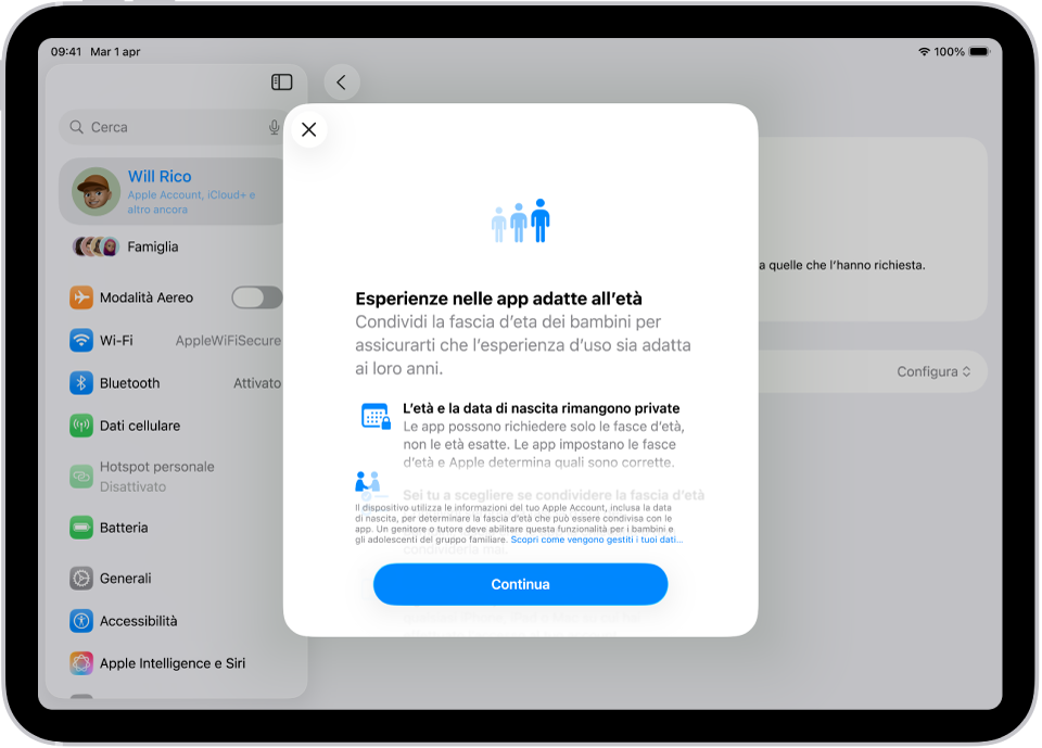 La schermata di onboarding di “Esperienze nelle app adatte all’età” nelle funzionalità di App.