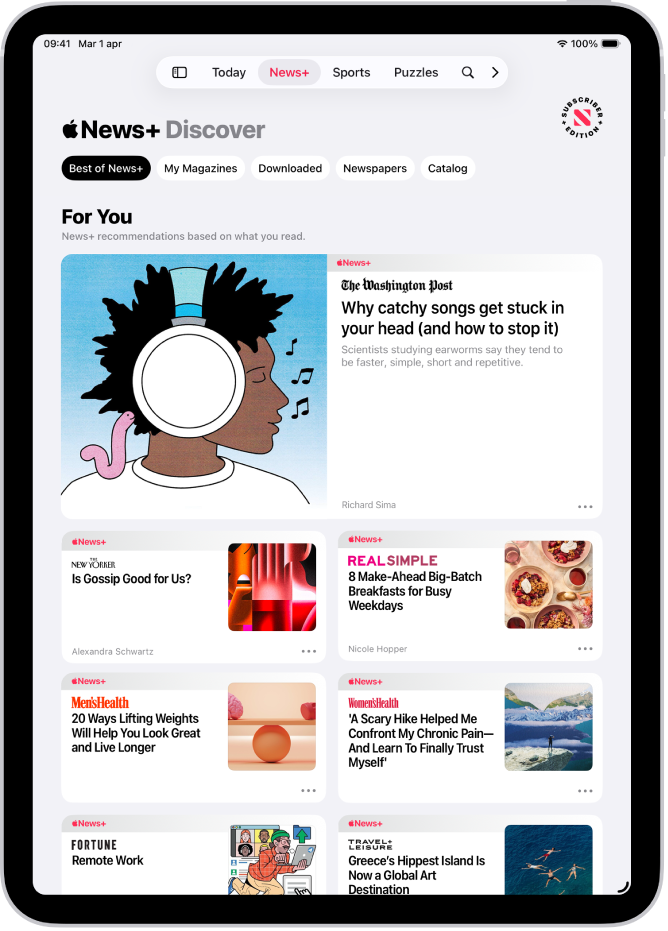 La pagina Discover in Apple News+. Nella barra dei pannelli News+ è selezionato e, subito sotto, è selezionata la categoria “Best of News+”.