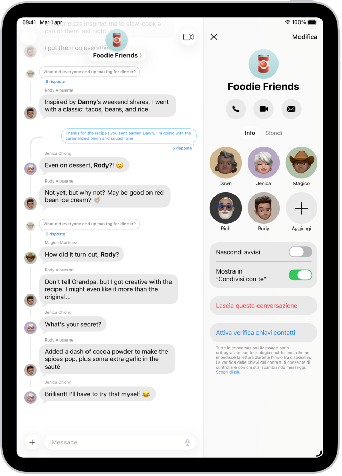 Una conversazione di gruppo in Messaggi a sinistra, con i dettagli della conversazione del gruppo a destra.