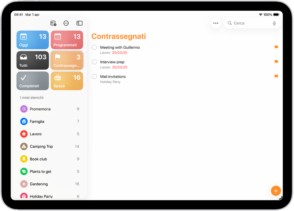 Una schermata di Promemoria che mostra un elenco smart con tutti gli elementi contrassegnati.