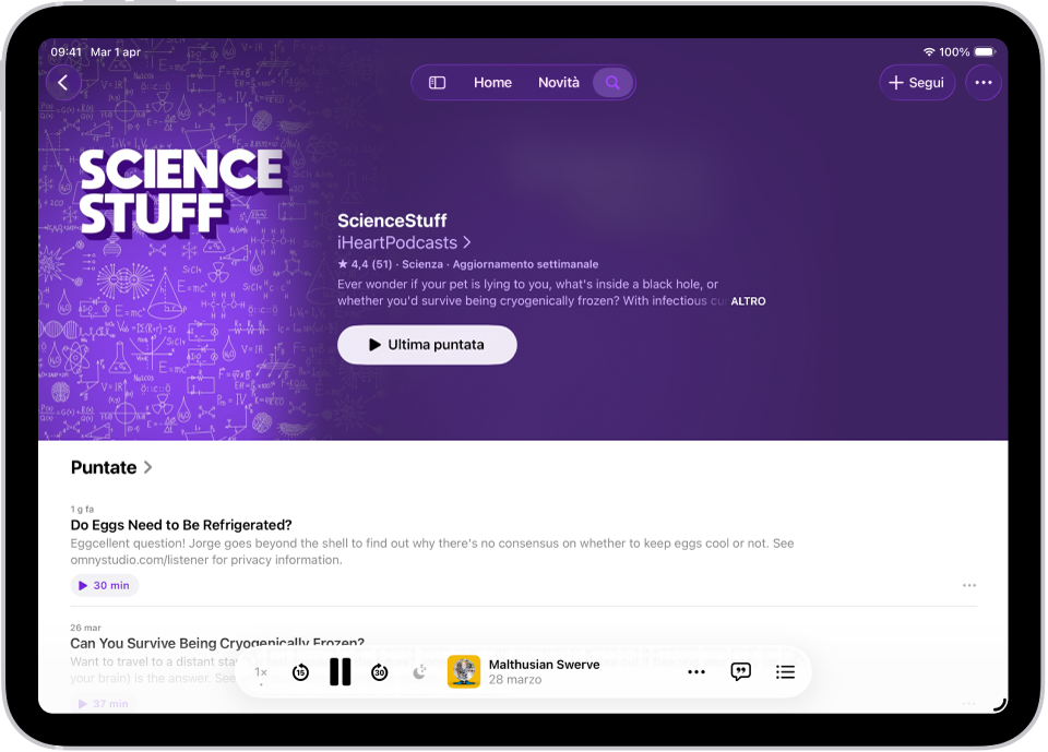La pagina di un programma nell’app Podcast che mostra due puntate con i riepiloghi di ciascuna e il mini-player nella parte inferiore.