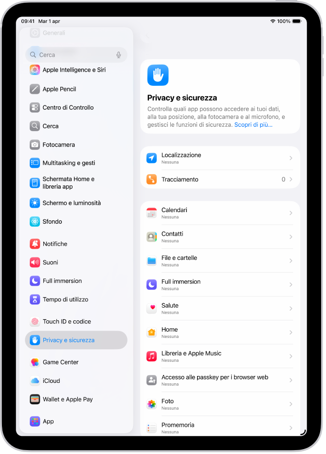Le impostazioni Localizzazione in “Privacy e sicurezza” con le opzioni per condividere la posizione di iPad, incluse le impostazioni ad hoc per ciascuna app.