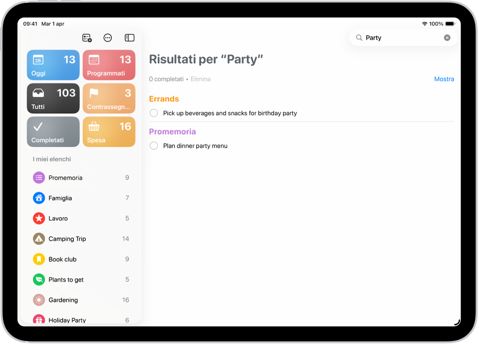 I risultati di ricerca nell’app Promemoria con le attività che includono la parola “party.”