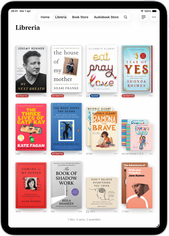 La schermata libreria nell’app Libri.