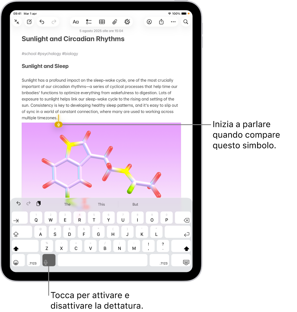 La tastiera su schermo è aperta nell’app Note. Il pulsante Dettatura nella parte inferiore della tastiera è selezionato e il pulsante Dettatura compare sotto il punto di inserimento nel campo di testo.