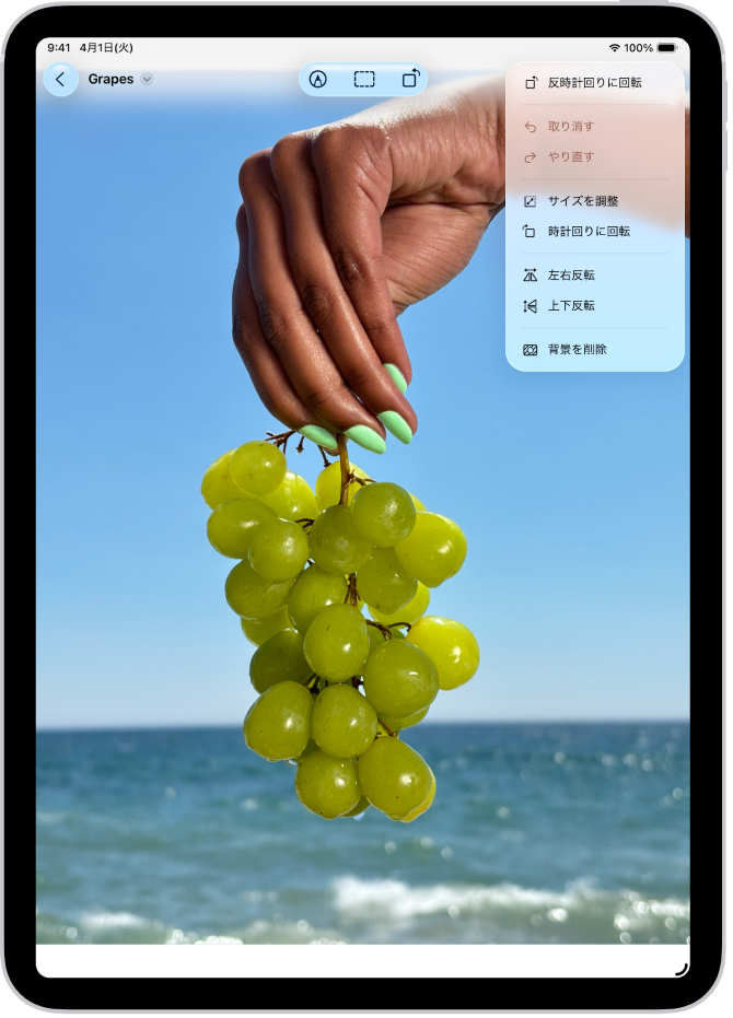 写真を表示しているプレビューアプリ。ブドウの房を持っている手が前景になっています。空と海が背景になっています。
