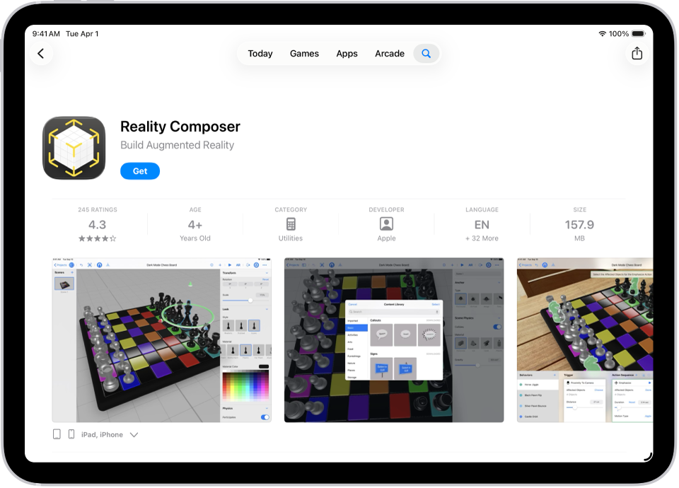 App Store дүкеніндегі қолданбаның ақпарат беті. Бетте «Алу» түймесі, рейтингтер, жас рейтингтері, әзірлеуші, скриншоттар және т.б. көрсетіледі Жоғарғы ортада солдан оңға қарай келесі түймелер бар: «Бүгін», «Ойындар», «Қолданбалар», «Arcade» және «Іздеу».