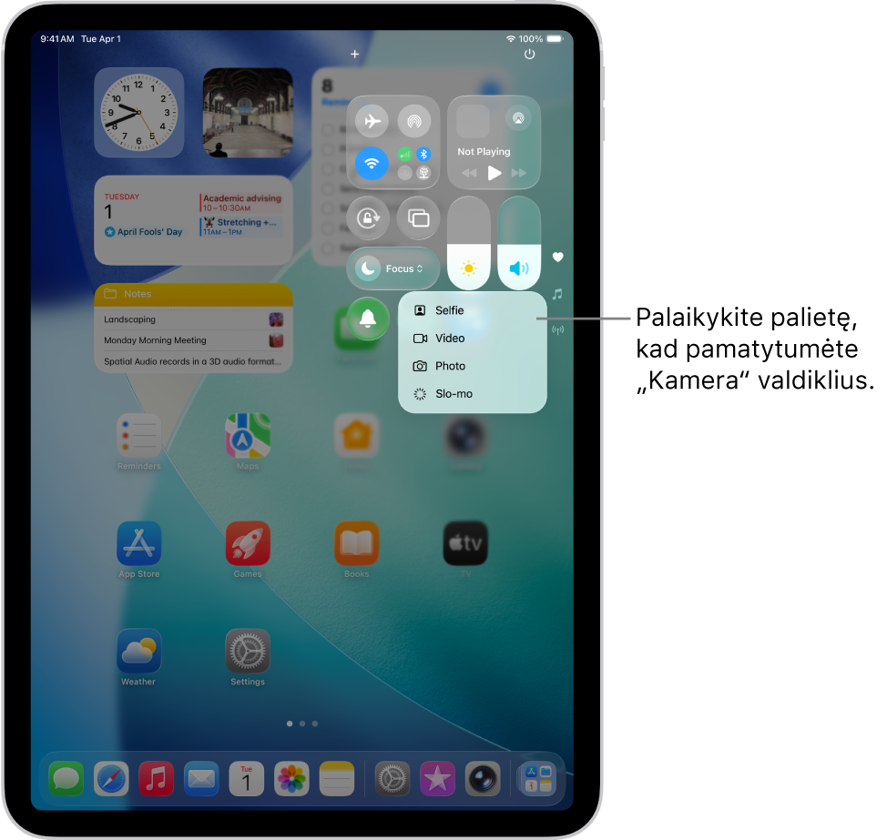 Ekranas, kuriame rodomos papildomos fotoaparato parinktys, galimos programoje „Valdymo centras“, kai paliečiate ir laikote fotoaparato valdiklį. Parinktys yra „Asmenukė“, „Vaizdo įrašas“, „Nuotrauka“ ir „Sulėtintas vaizdas“.