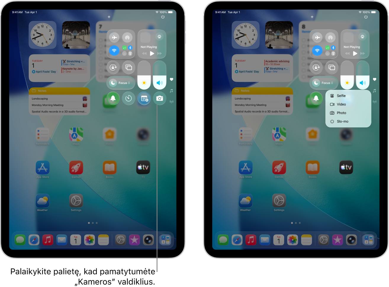„iPad“ skiltis „Valdymo centras“. Skrydžio režimo, mobiliojo ryšio duomenų, „Wi-Fi“ ir „Bluetooth“ valdikliai yra „Wi-Fi + Cellular“ „iPad“ modelių „Valdymo centro“ viršutinėje kairėje grupėje. „Vaizdo kameros“ valdiklis pateiktas „Valdymo centro“ apačioje dešinėje. Ekrane dešinėje rodomas sparčiojo meniu parinkčių sąrašas, kuris atsiranda, kai paliečiate ir palaikote fotoaparato valdiklį.