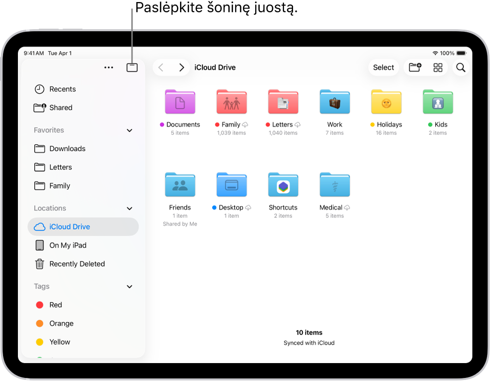 Programoje „Failai“ rodomi failai ir aplankai „iCloud Drive“ saugykloje. Ekrano viršuje rodomi mygtukai, skirti elementams pasirinkti, naujam aplankui sukurti, rodiniui pakeisti („Sąrašas“, „Piktogramos“, „Stulpeliai“) ir paieškai.