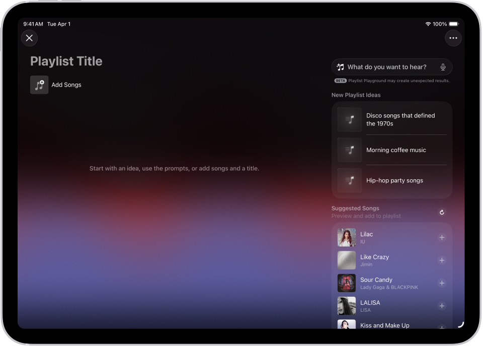 „Playlist Playground“ atidarytas platformoje „Apple Music“: matomas pavadinimo laukas, mygtukas „Įtraukti dainų“ ir paieškos laukas, po kuriuo rodomi grojaraščių pasiūlymai.