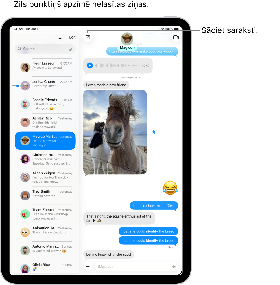 Sarunu saraksts Messages kreisajā pusē un sarakstes transkripcija labajā pusē. Nelasīti ziņojumi ir atzīmēti ar zilu puktu.