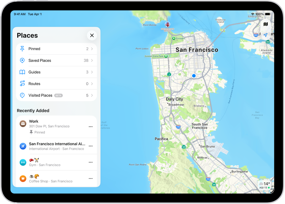 Ekrāns Places lietotnē Maps, kur redzams vietu kategoriju saraksts, piemēram, Pinned, Saved Places un Guides. Zemāk sadaļā Recently Added ir norādītas skatītās vietas.